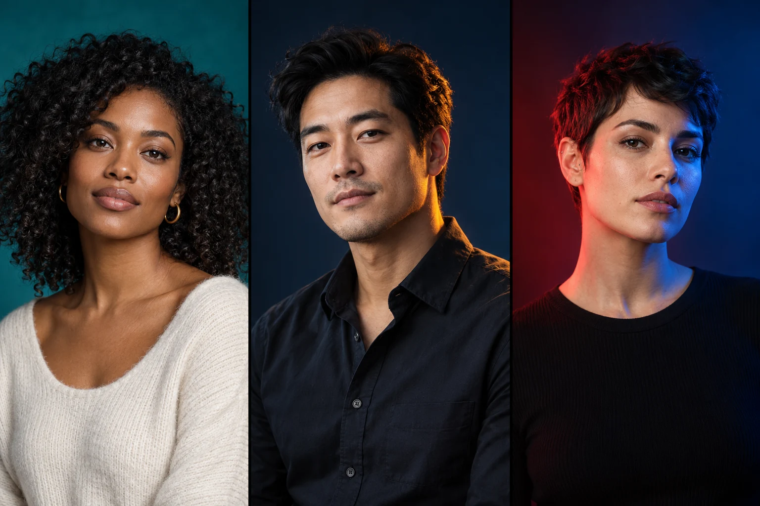 Generated portrait illustrations showing natural skin with a teal background, an amber rim with cool surroundings, and a red-blue color treatment