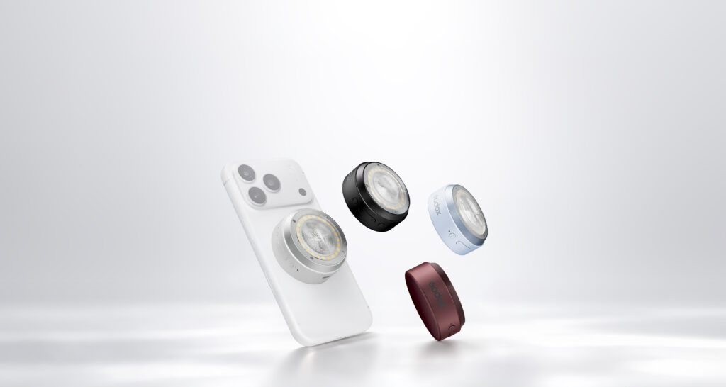 Godox A2 product render showing a flash mounted on an iPhone and three additional color finishes