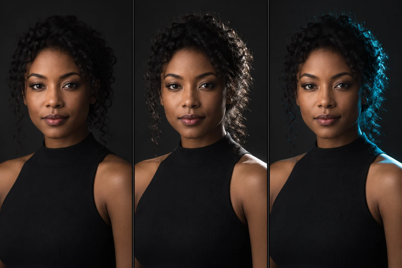 Generated portrait illustrations comparing no rim, a neutral rim and a cyan rim on dark hair and shoulders